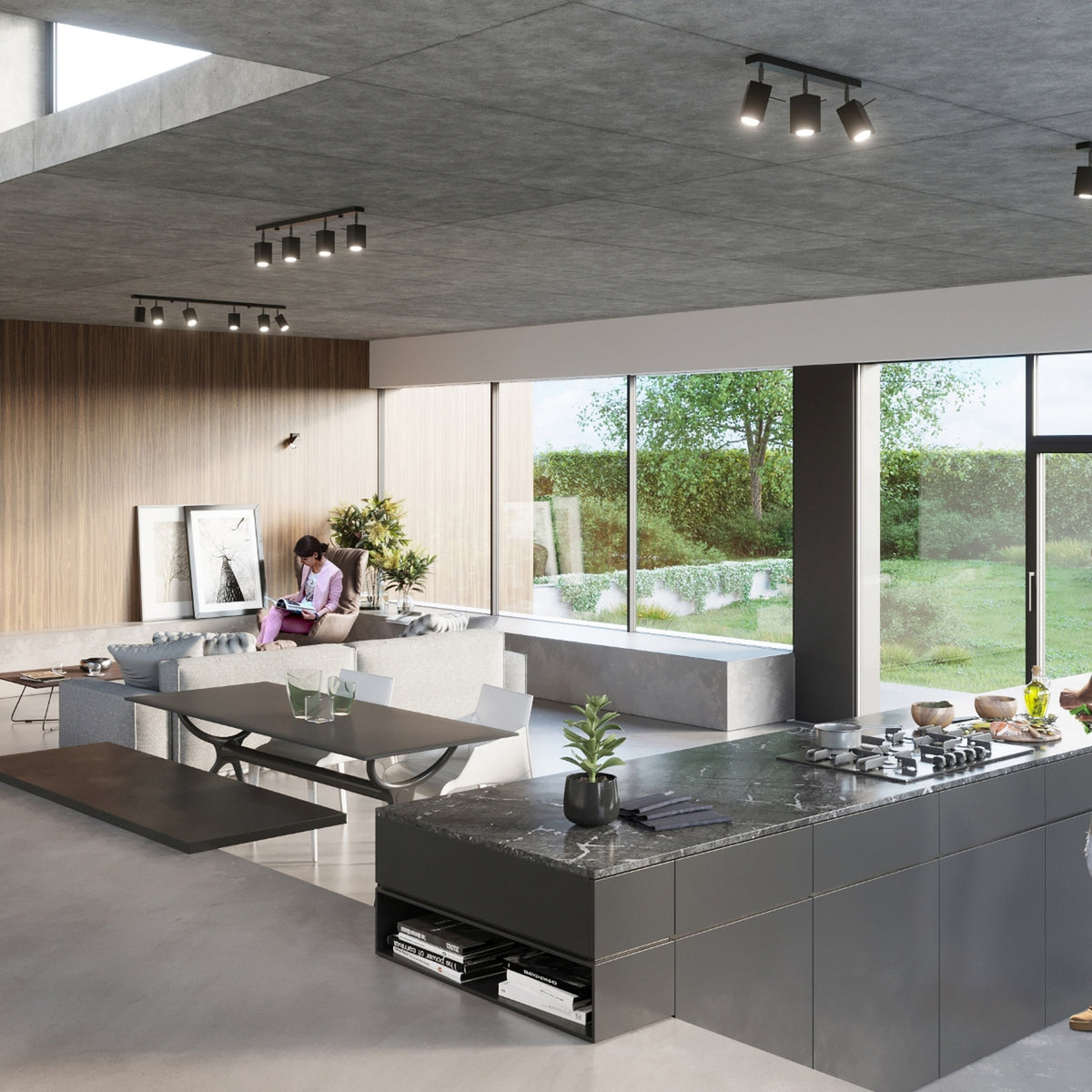 Mise en ambiance dans une cuisine-séjour moderne avec plusieurs plafonniers noirs au plafond.