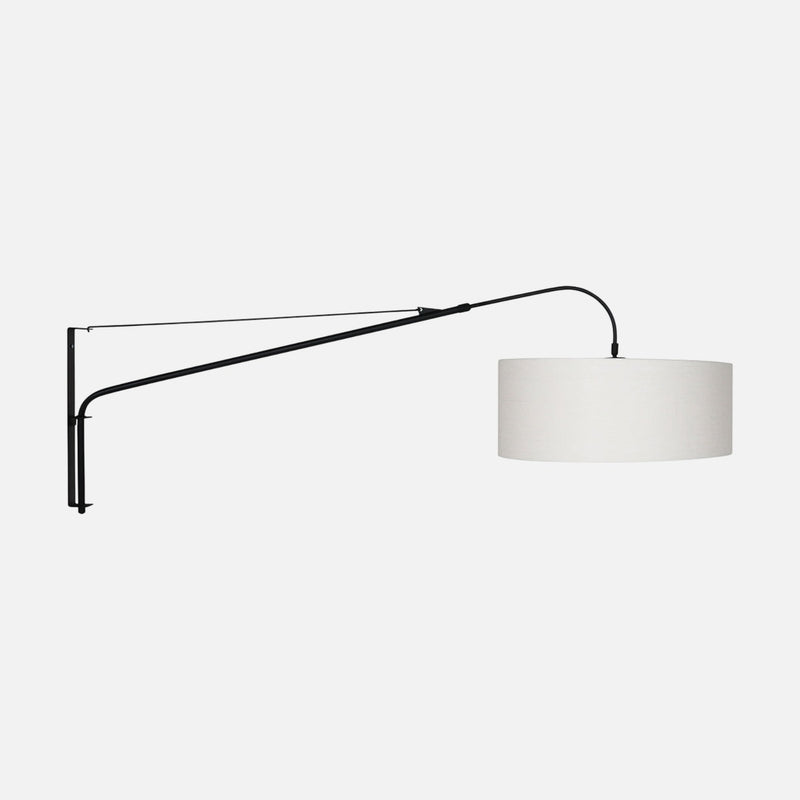 Applique murale à bras déporté noir, abat-jour lin blanc Ø 50 cm | Elina