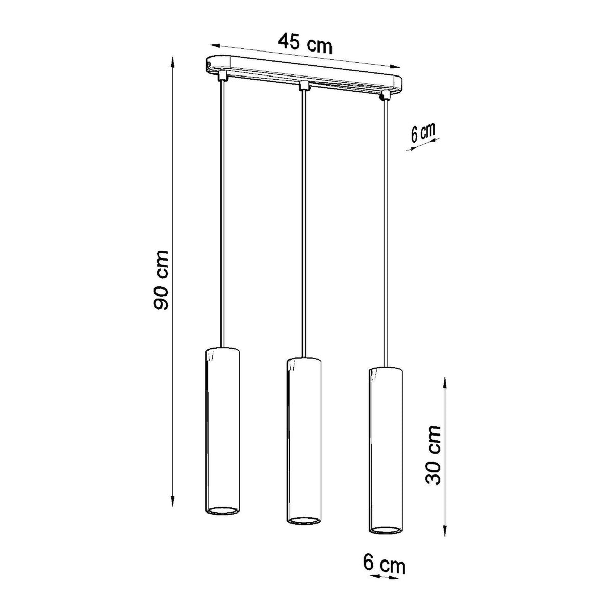 Schéma coté du luminaire avec dimensions 45 cm, 90 cm, 30 cm et 6 cm.