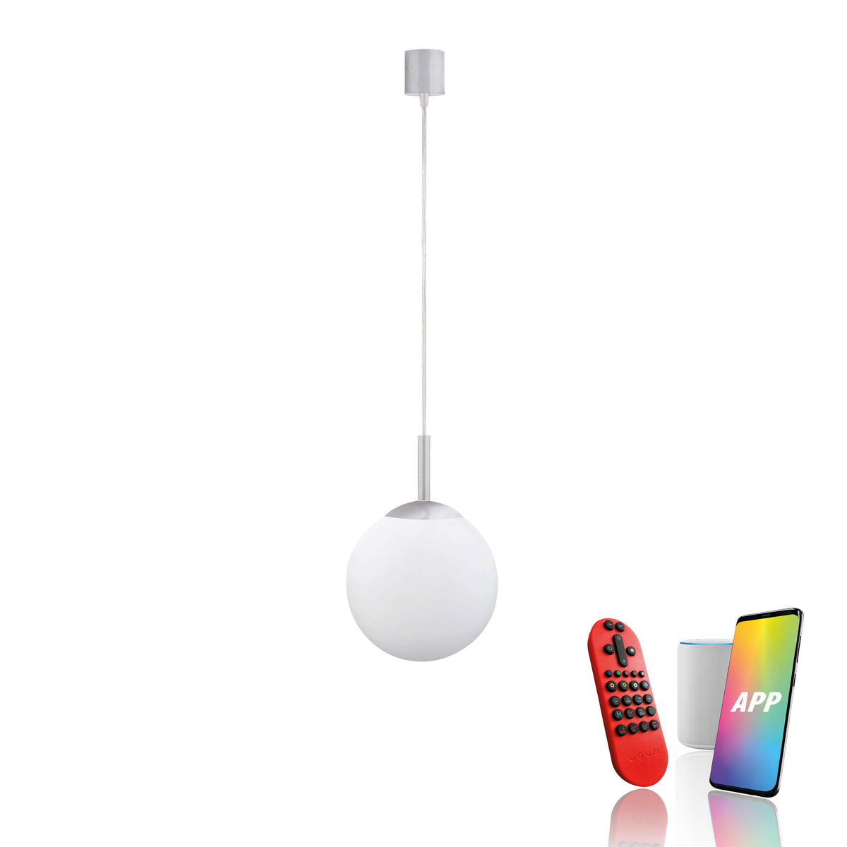 Boule en verre blanche présentée avec télécommande rouge, enceinte connectée et application smartphone