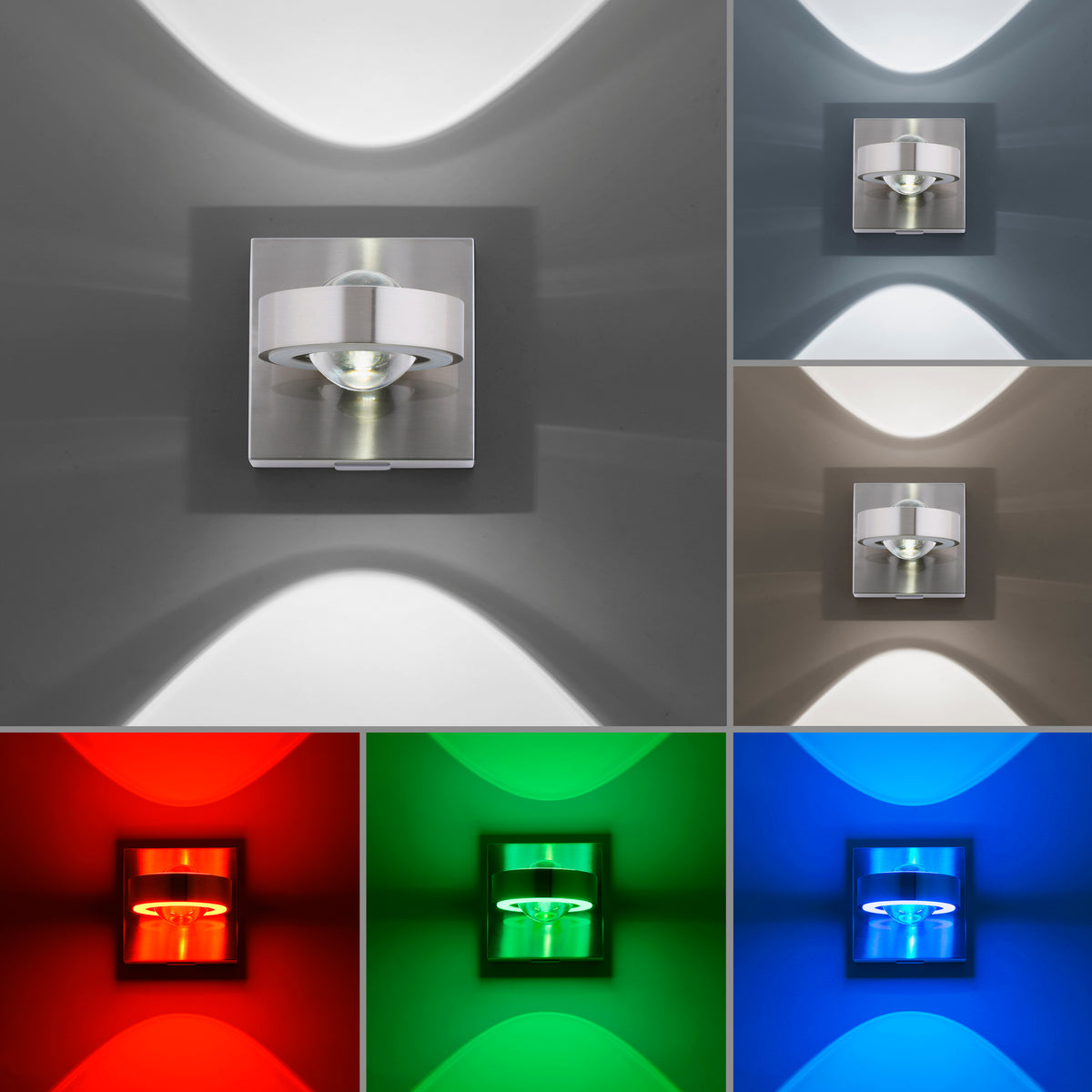 Mise en ambiance montrant l'éclairage mural en blancs variés et couleurs RVB