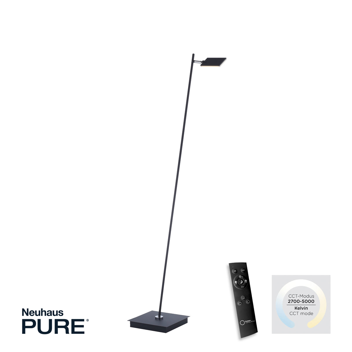 Vue produit du lampadaire avec télécommande noire et pastille indiquant la température de couleur réglable
