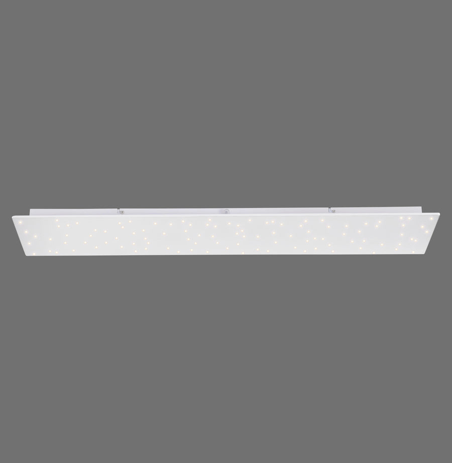 Plafonnier rectangulaire blanc allumé, motif étoilé projeté sur fond gris.
