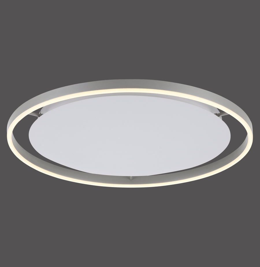 Plafonnier ovale en aluminium avec diffuseur blanc et anneau LED allumé.