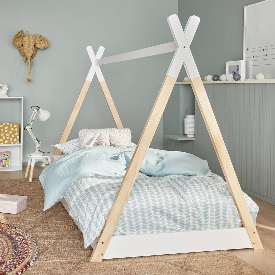 Alice'S Home - Lit Tipi En Bois Massif. Pin Naturel Blanc - Sommier Inclus. 90X190Cm - Tobias | Designix - Amazon    - https://designix.fr/