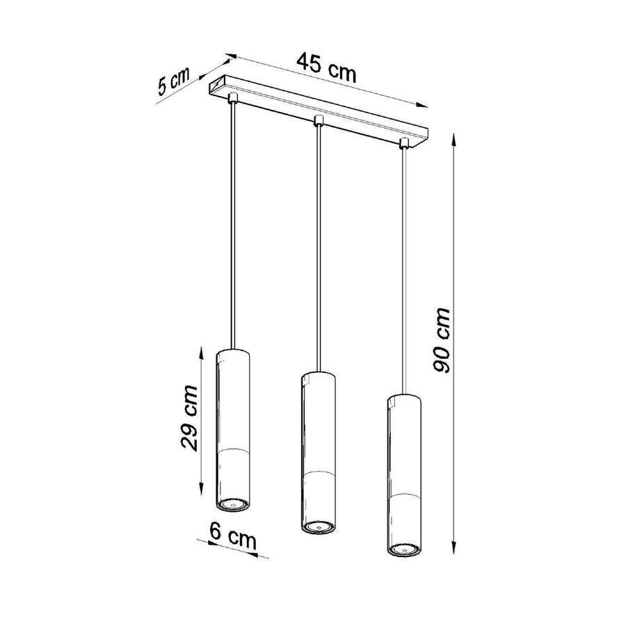 Schéma coté du luminaire suspendu avec dimensions de la barre et des cylindres