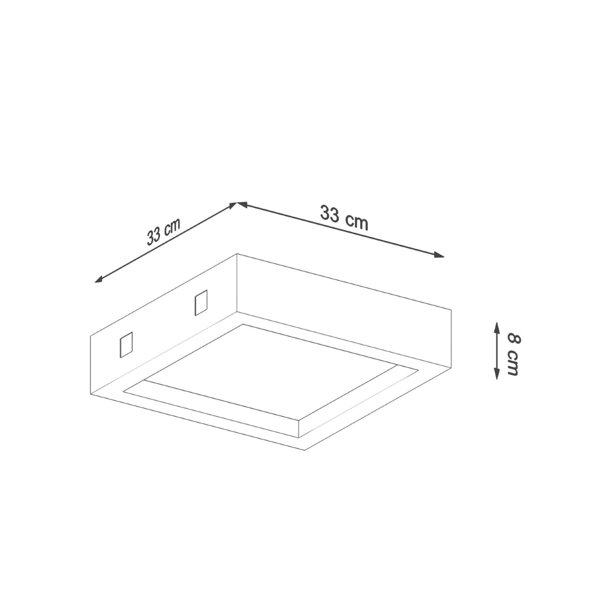 Schéma de dimensions : largeur 33 cm, profondeur 33 cm et hauteur 8 cm.