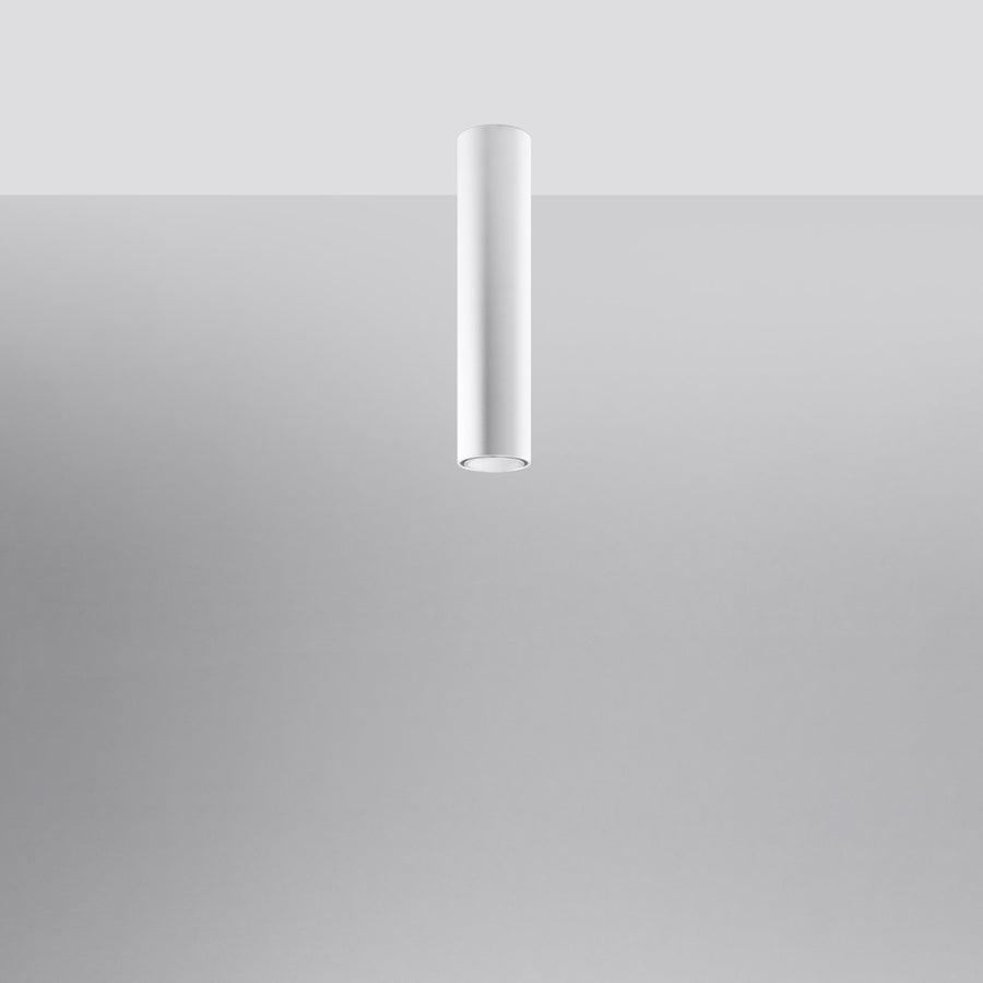 Le cylindre blanc fixé au plafond vu de profil, lumière éteinte sur fond gris