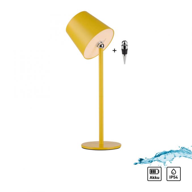 Vue de profil de la lampe jaune avec pictogrammes batterie et étanchéité IP54