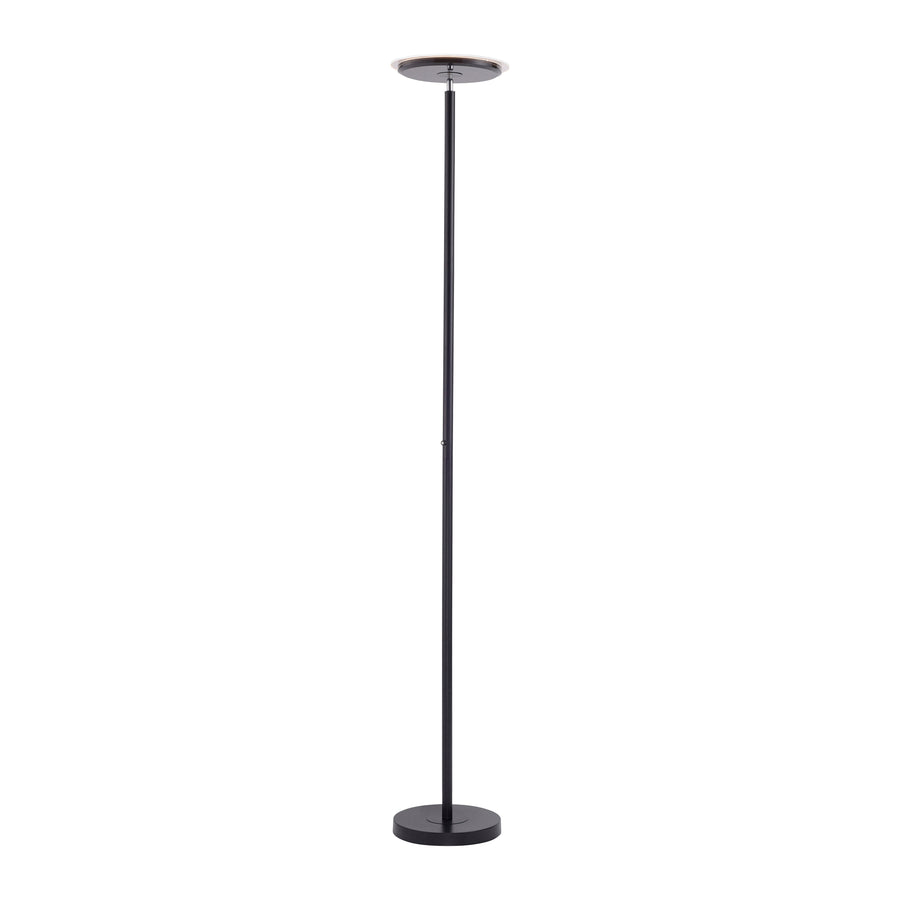 Lampadaire noir sur fond blanc, silhouette verticale avec base circulaire.