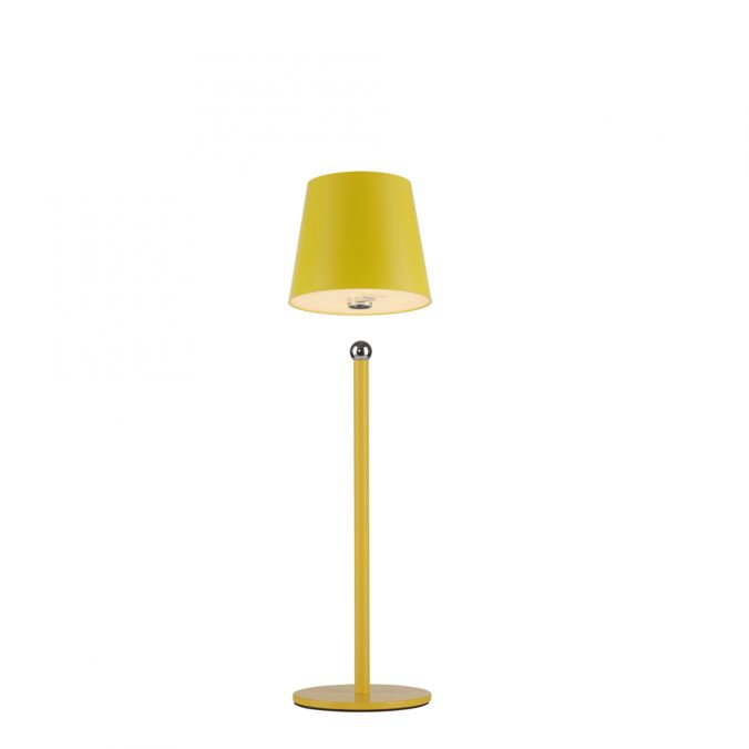 Vue de face de la lampe jaune, abat-jour droit sur pied vertical