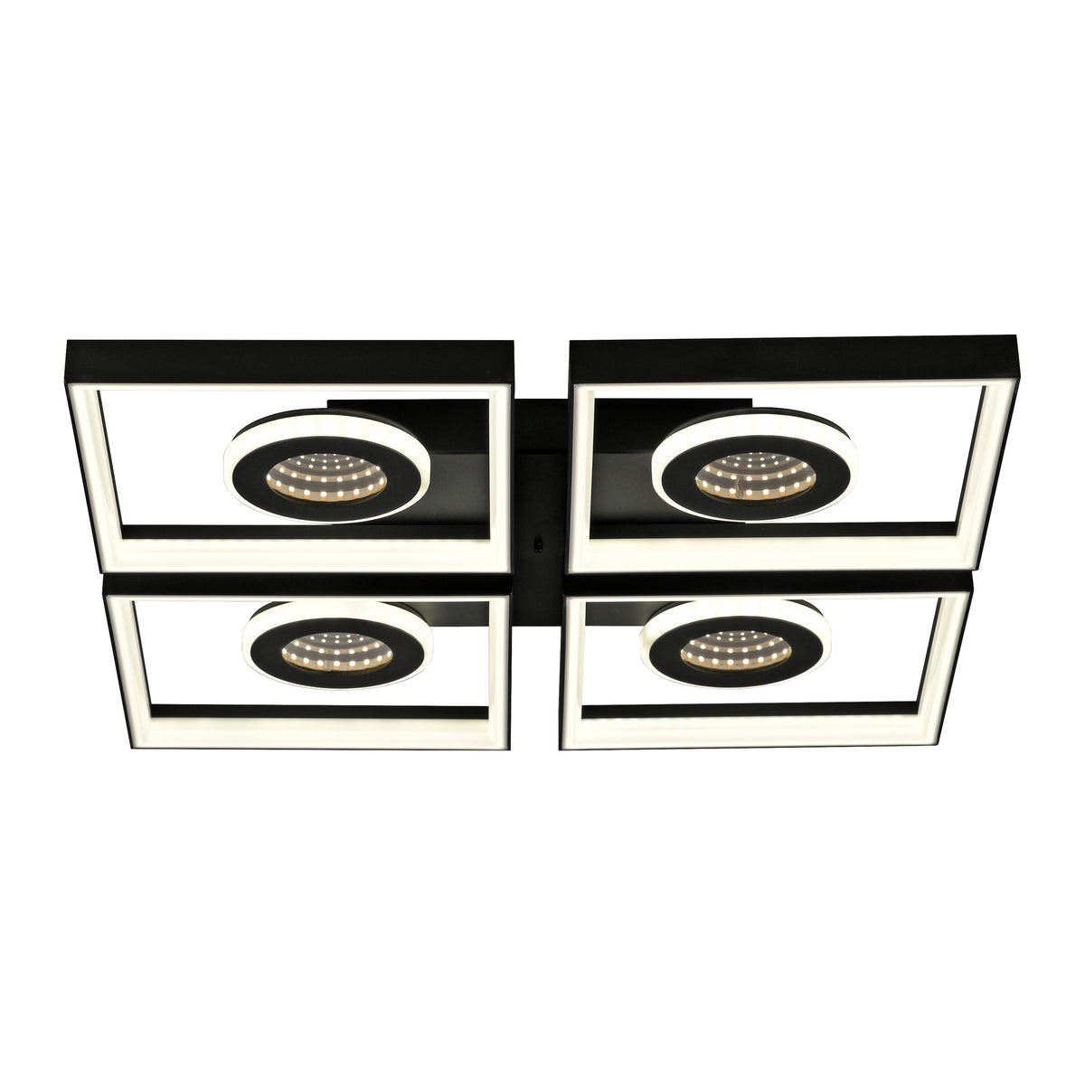 Vue de face du plafonnier quatre modules carrés noirs avec anneaux LED allumés