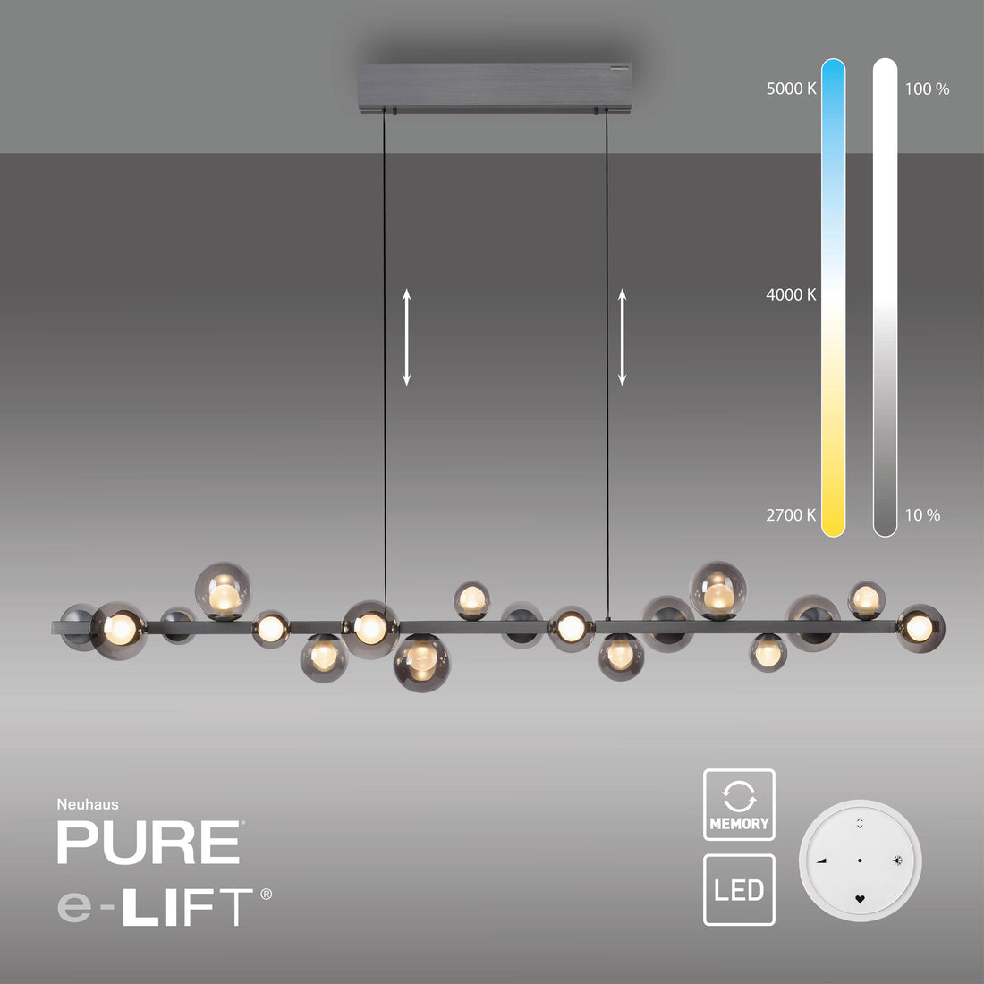 Suspension Pure E-Popup grise, verre, H 240 cm
