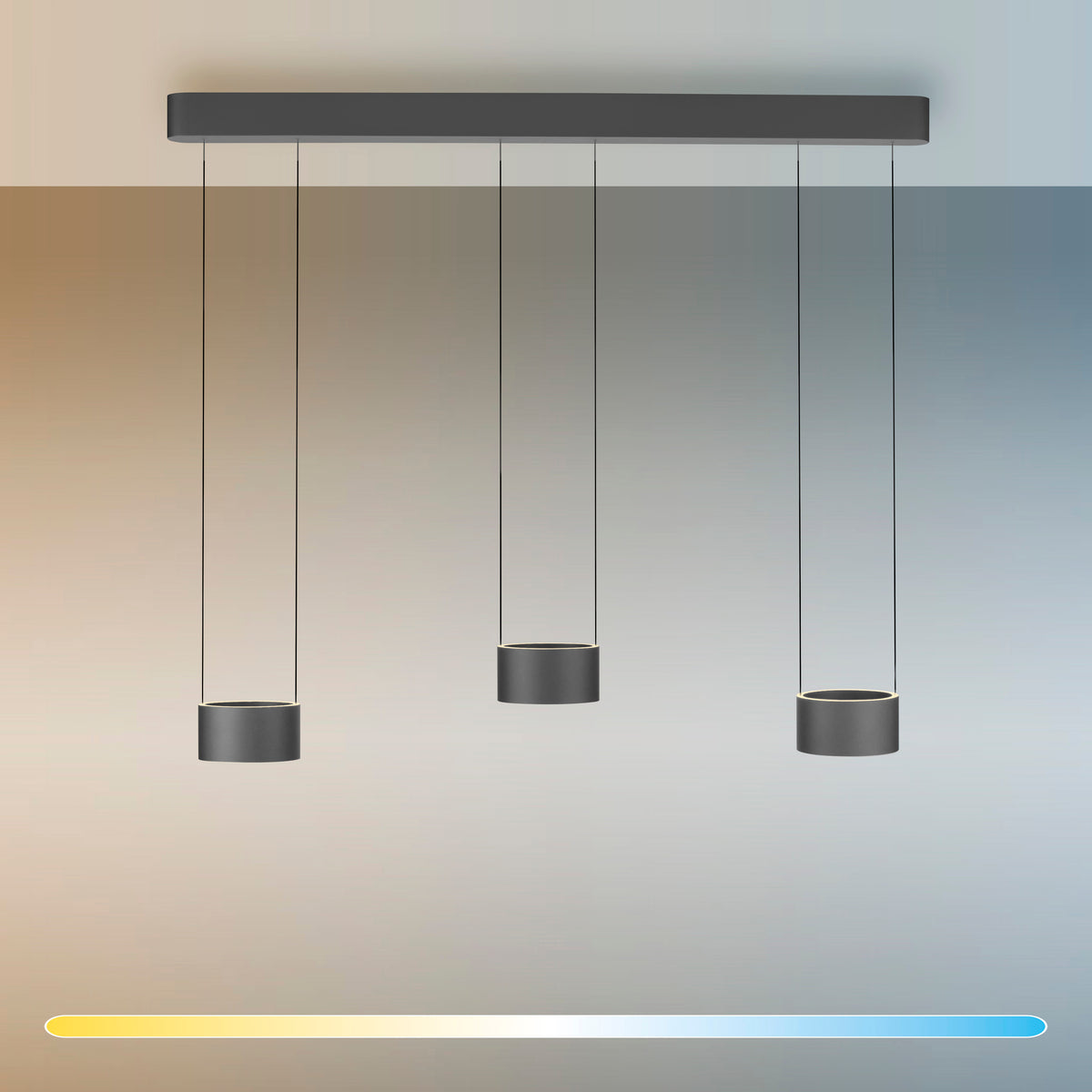 Mise en ambiance de la suspension grise avec éclairage variable chaud et froid