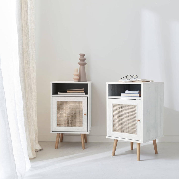 Alice'S Home - Lot De 2 Tables De Chevet En Cannage - Bohème - 40X39X65.8Cm Blanc - 2 Niveaux - 1 Portes - 1 Espace De Rangement - Pieds Scandinaves | Designix - Amazon    - https://designix.fr/