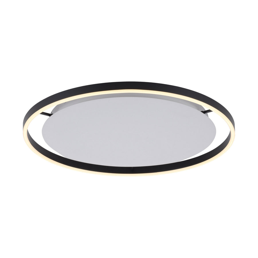 Vue isolée sur fond blanc du plafonnier rond, anneau anthracite et diffuseur central blanc.