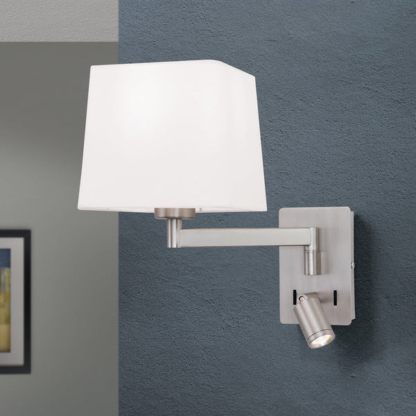 Applique murale Carlton en tissu, nickel mat et blanc, 2 lumières, hauteur 29 cm
