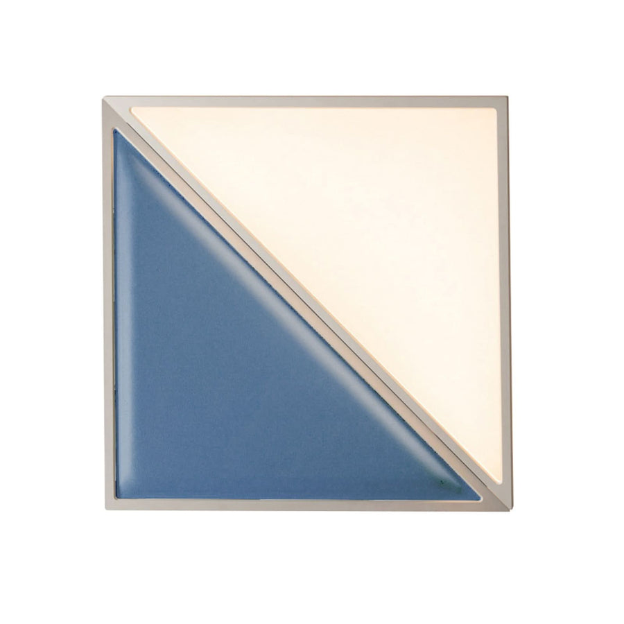Vue de face du luminaire carré bicolore bleu et blanc, cadre fin.