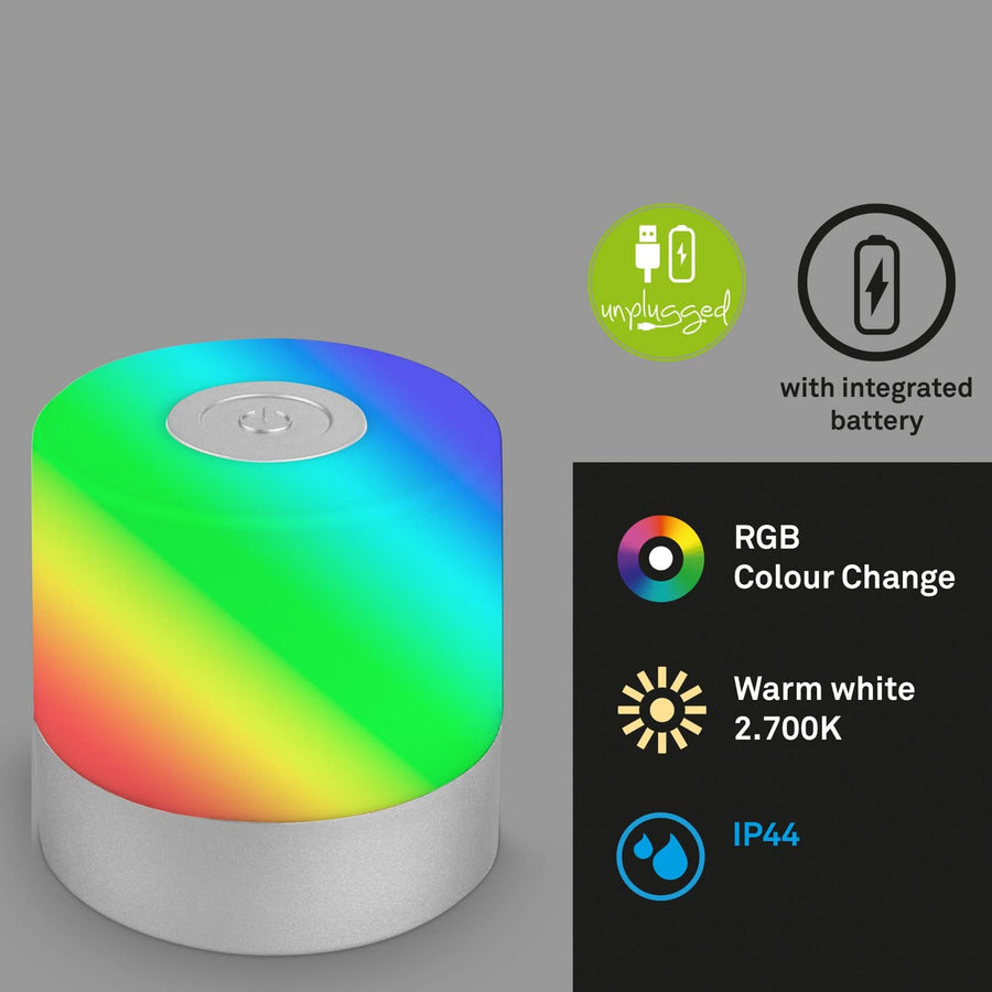 Lampe à poser d'extérieur LED rechargeable Smal, chromé mat et blanc, Ø 7 cm, IP44, 2700 K, 1,5 W