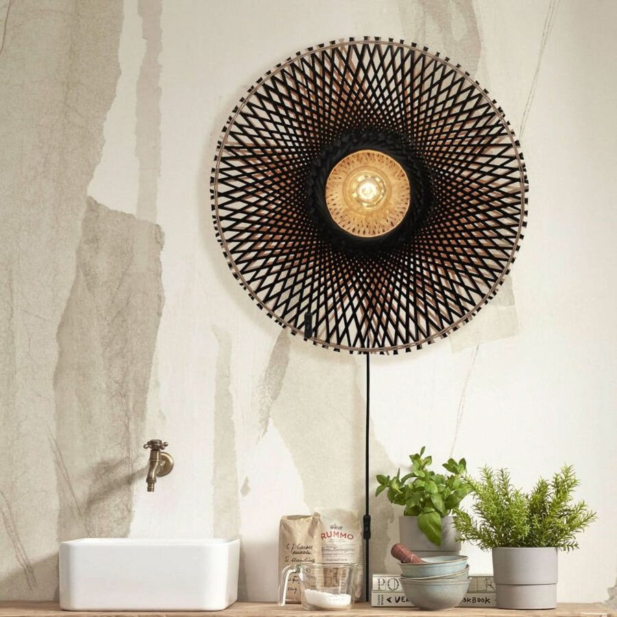 Applique murale Kalimantan Wand en bambou, noir et bois, Ø 60 cm