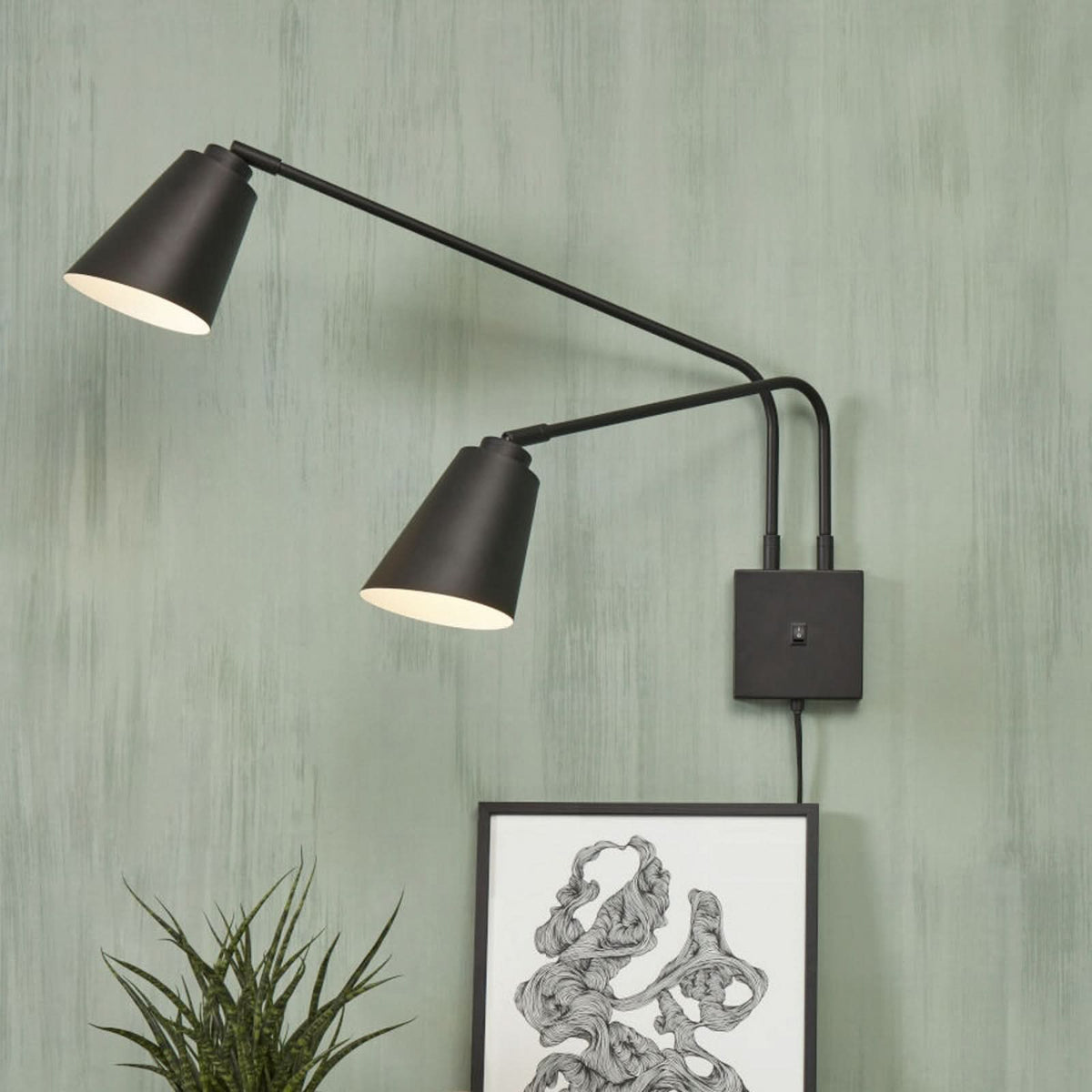 Applique murale Brême en métal, noir, 2 lumières, hauteur 45 cm