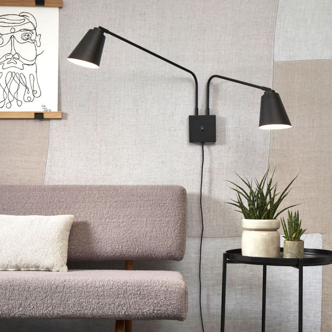 Applique murale Brême en métal, noir, 2 lumières, hauteur 45 cm