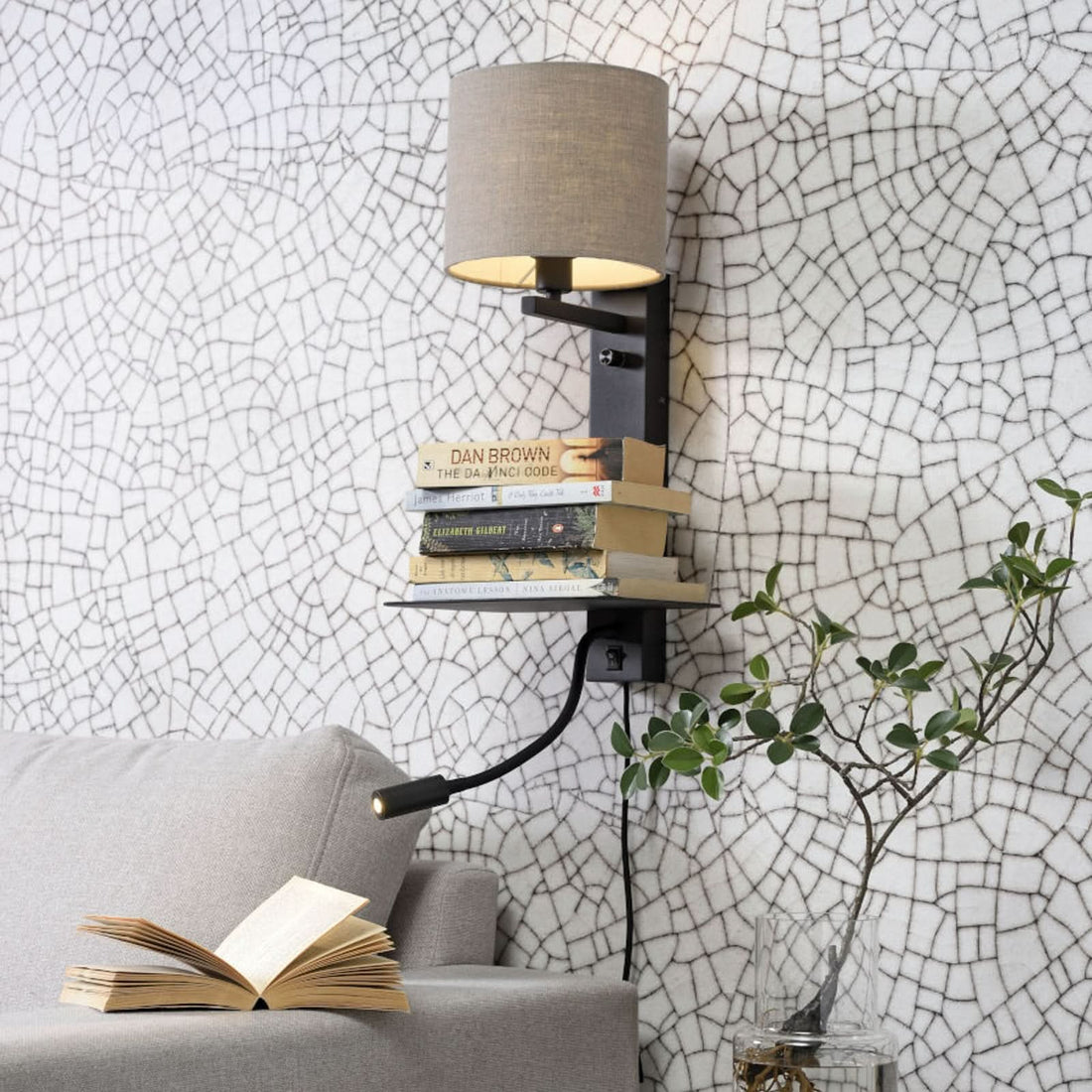 Applique murale Florence en tissu, noir et beige, 2 lumières, hauteur 52 cm