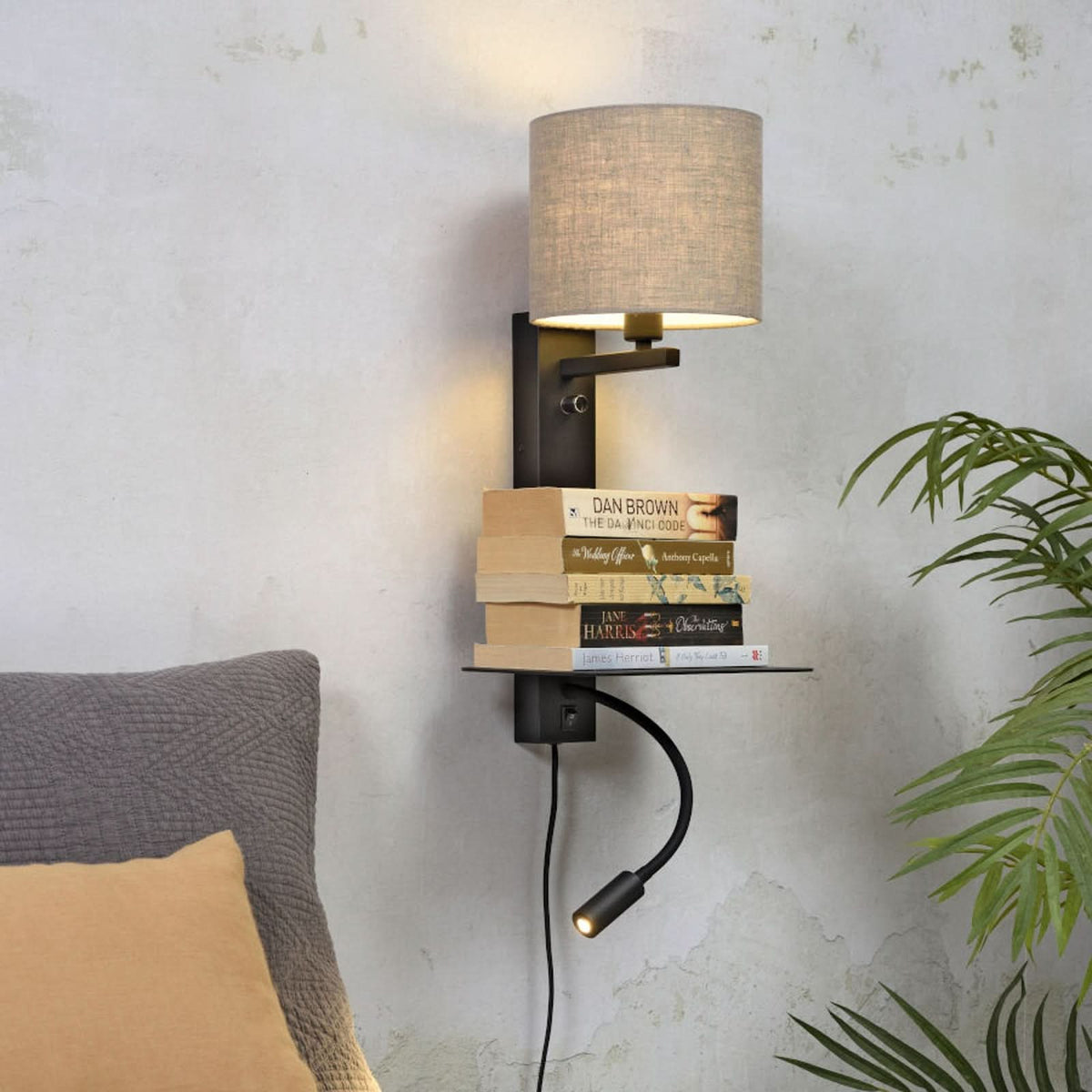 Applique murale Florence en tissu, noir et beige, 2 lumières, hauteur 52 cm