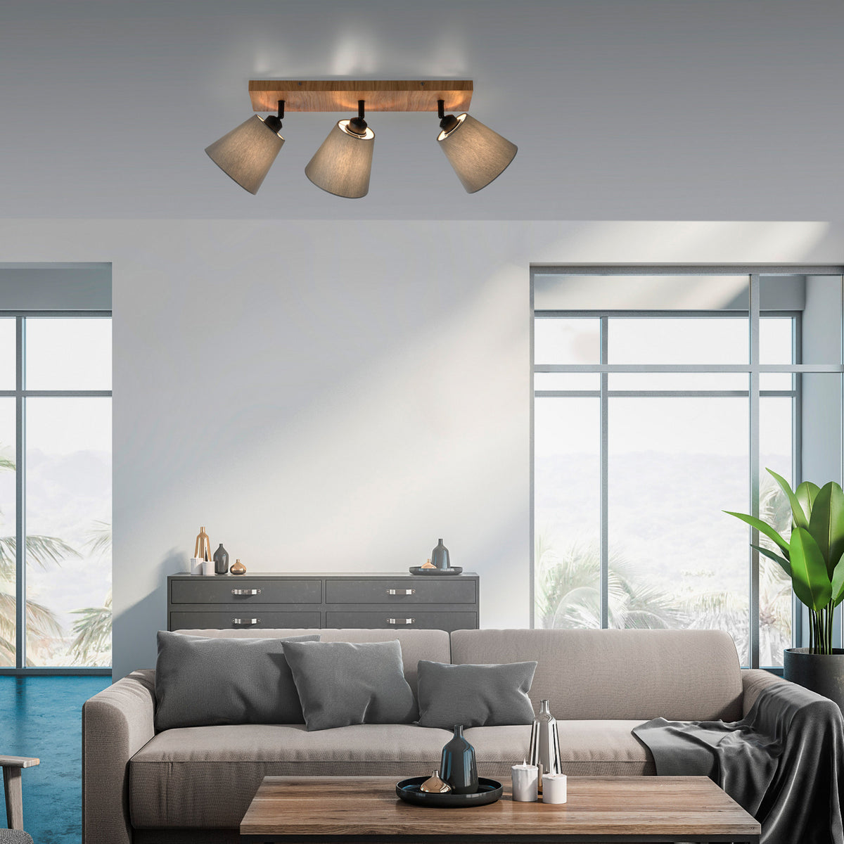 Mise en ambiance du luminaire fixé au plafond dans un salon gris clair