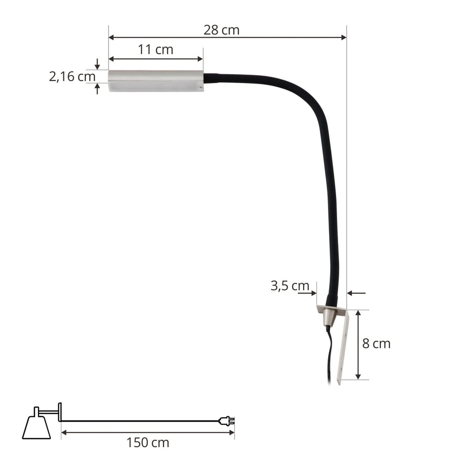 Applique murale LED Flexola en métal, nickel et noir, hauteur 58 cm, 3000 K, 4 W, largeur 3,5 cm