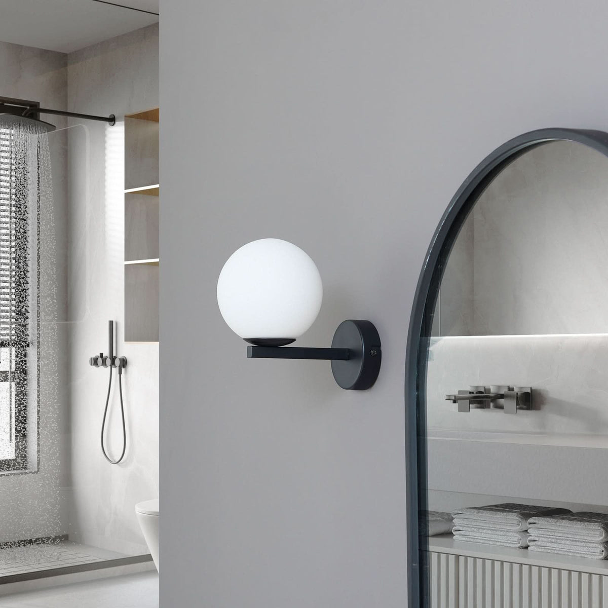 Applique murale Bidolo en verre, noir et blanc, Ø 12 cm, IP44