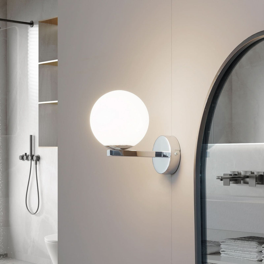 Applique murale Bidolo en verre, chromé et blanc, Ø 12 cm, IP44