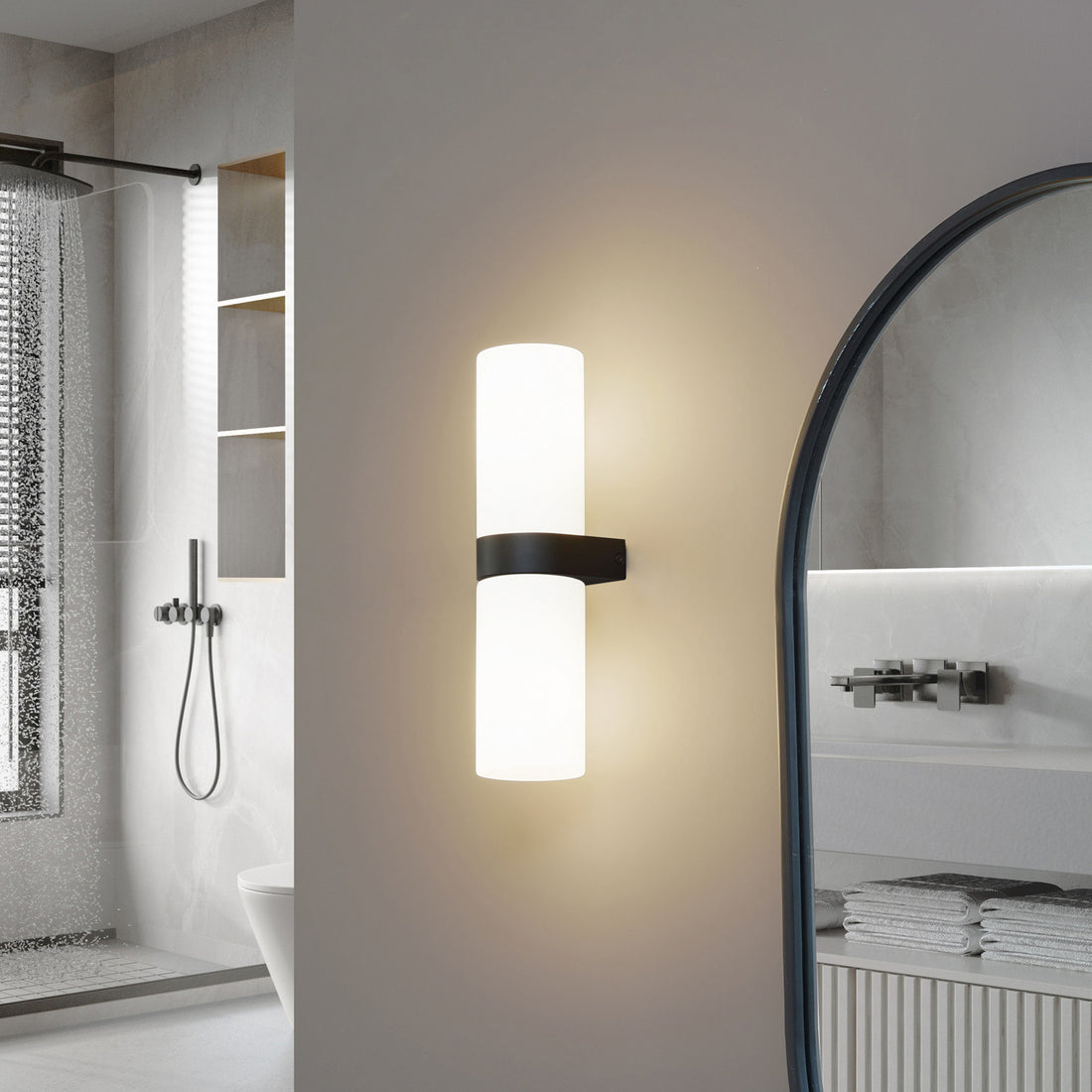 Applique murale Basolo en verre, noir et blanc, 2 lumières, hauteur 31,5 cm, IP44
