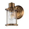 Applique murale Riggs IP44 en verre, laiton ancien et transparent, hauteur 21,8 cm, largeur 14 cm