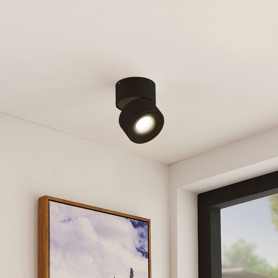 Spot noir fixé au plafond blanc, éclairant près d’un cadre et d’une fenêtre.
