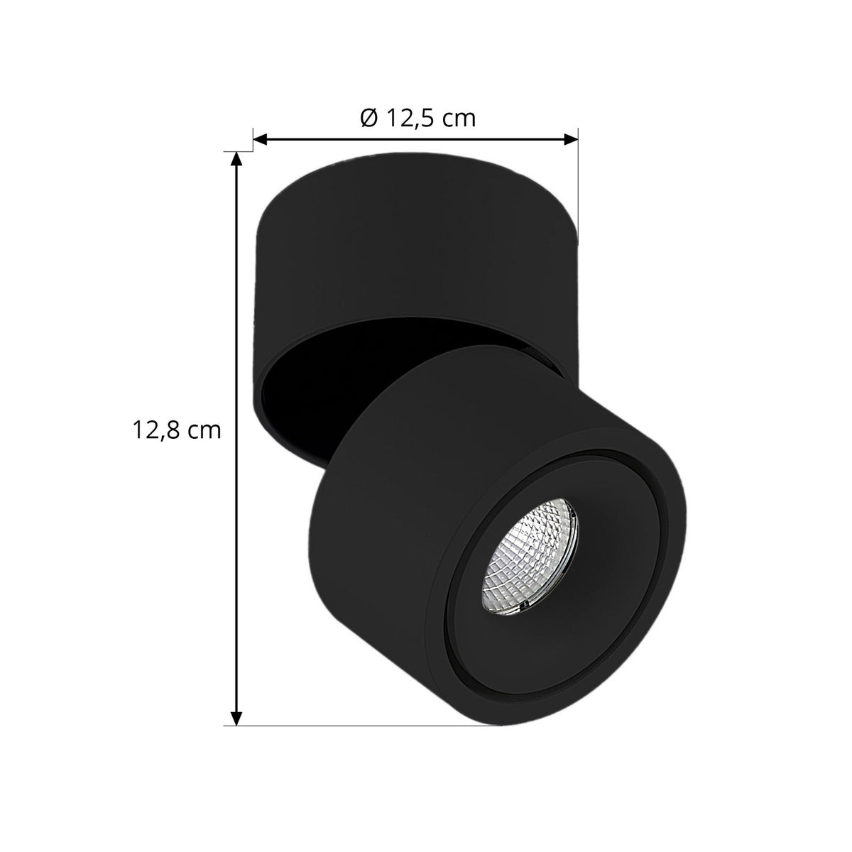 Schéma de dimensions indiquant un diamètre de 12,5 cm et une hauteur de 12,8 cm.