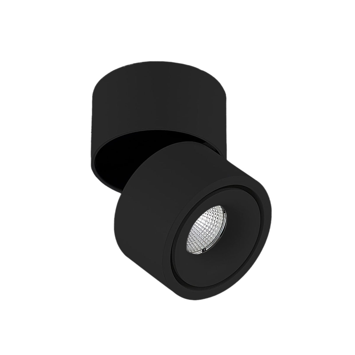 Vue produit sur fond blanc, détail de la lentille et de la finition noire mate.