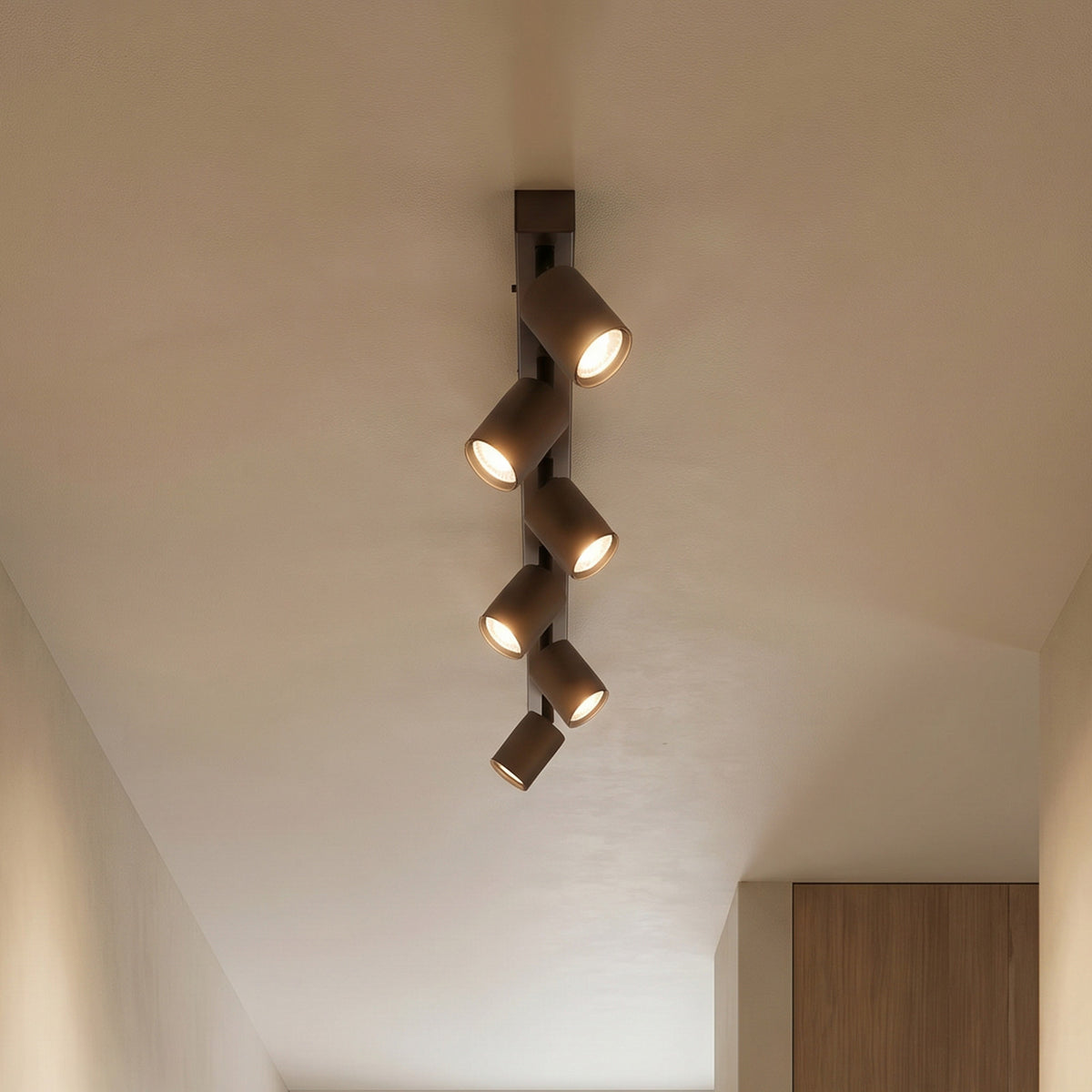 Vue rapprochée du luminaire à six spots cylindriques orientables fixé au plafond.