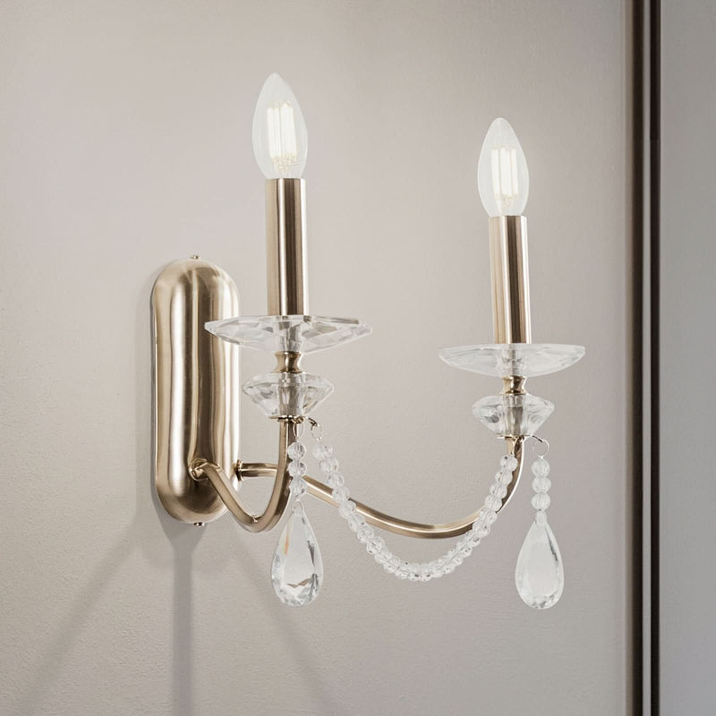 Applique murale Adone en cristal, transparent et laiton, 2 lumières, hauteur 30 cm
