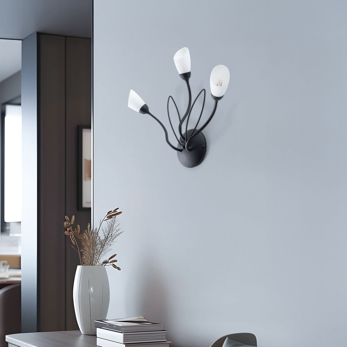 Applique murale Gloriosa en verre, noir et blanc, 3 lumières, hauteur 44 cm