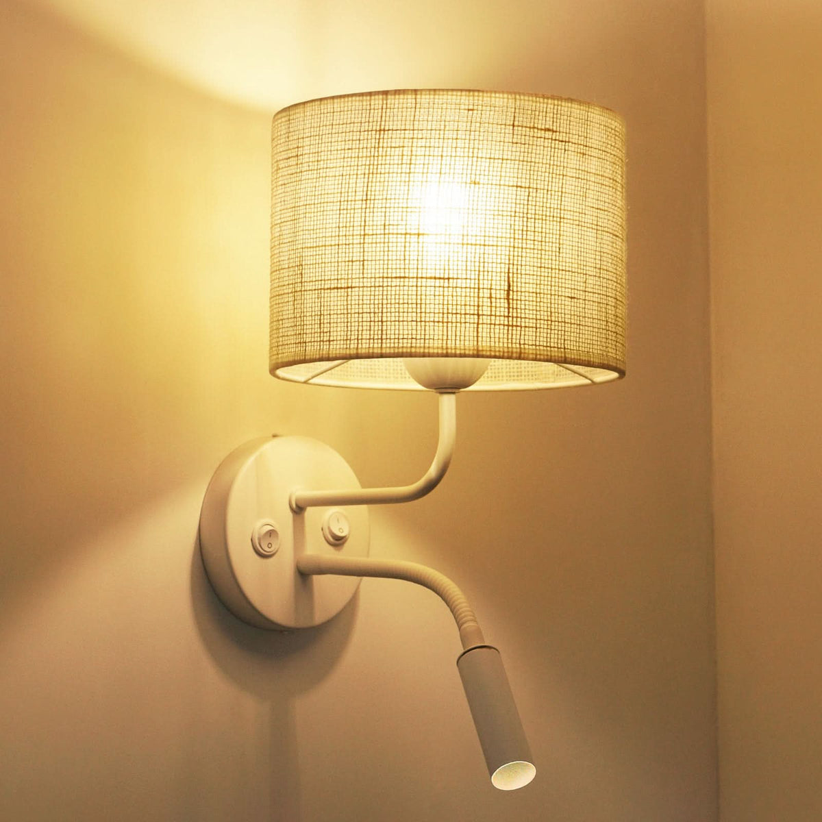Applique murale Roller en tissu, beige structuré et blanc, 2 lumières, Ø 20 cm, 15 W, hauteur 30 cm