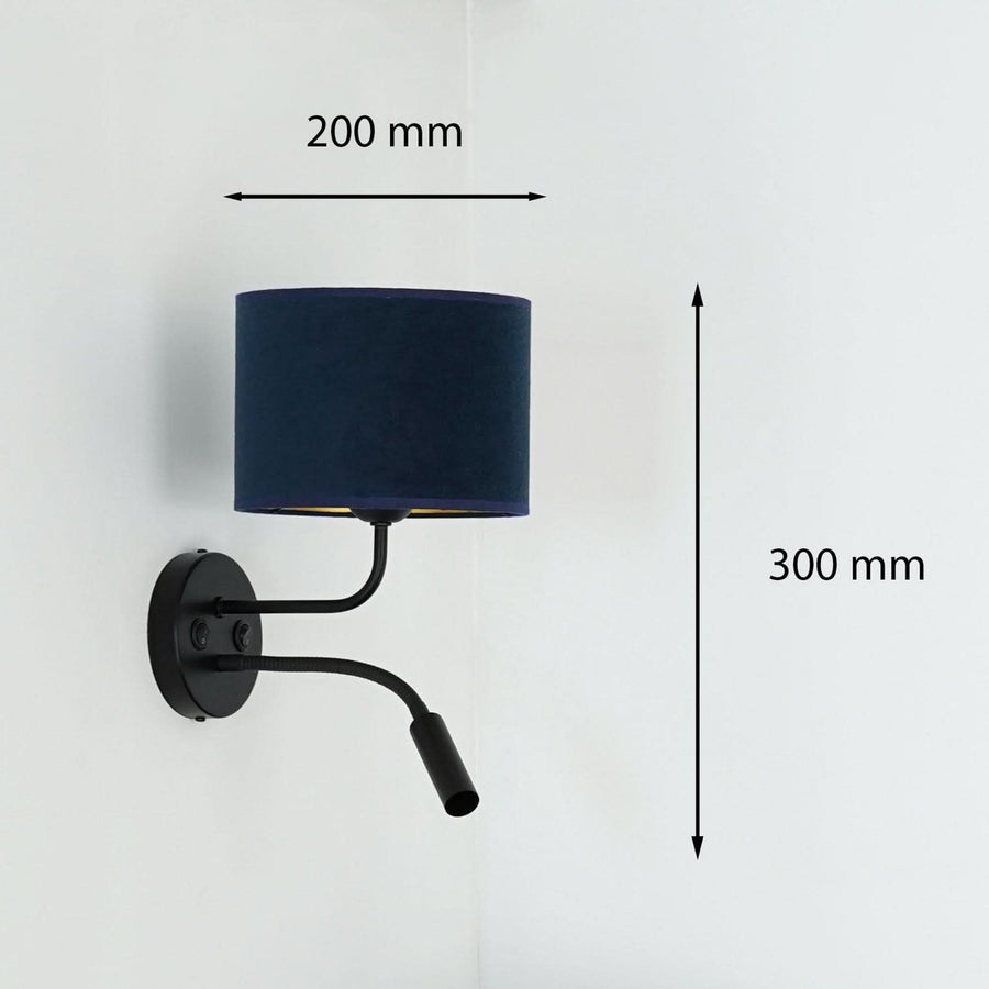 Applique murale Roller en velours, noir et bleu foncé, 2 lumières, hauteur 30 cm