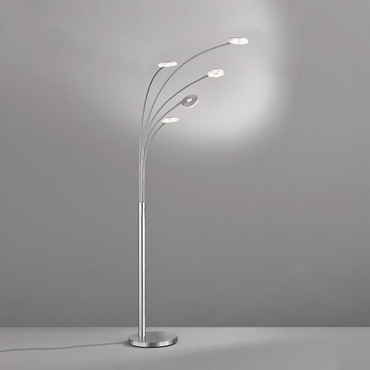 Lampadaire LED Dent en métal, nickel mat et chromé, 5 lumières, hauteur 225 cm