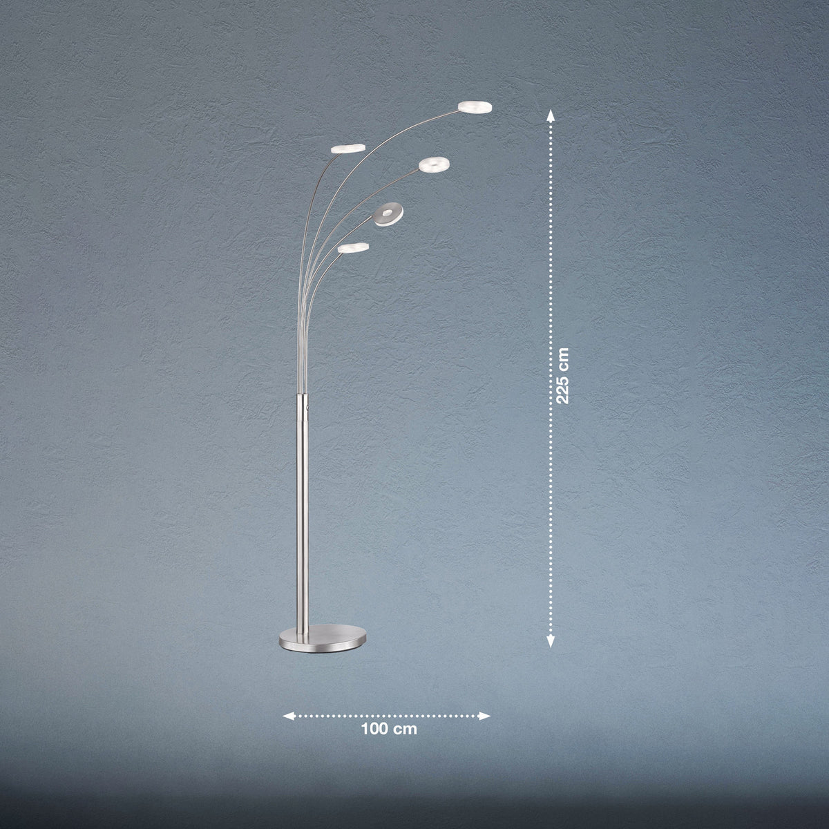 Lampadaire LED Dent en métal, nickel mat et chromé, 5 lumières, hauteur 225 cm