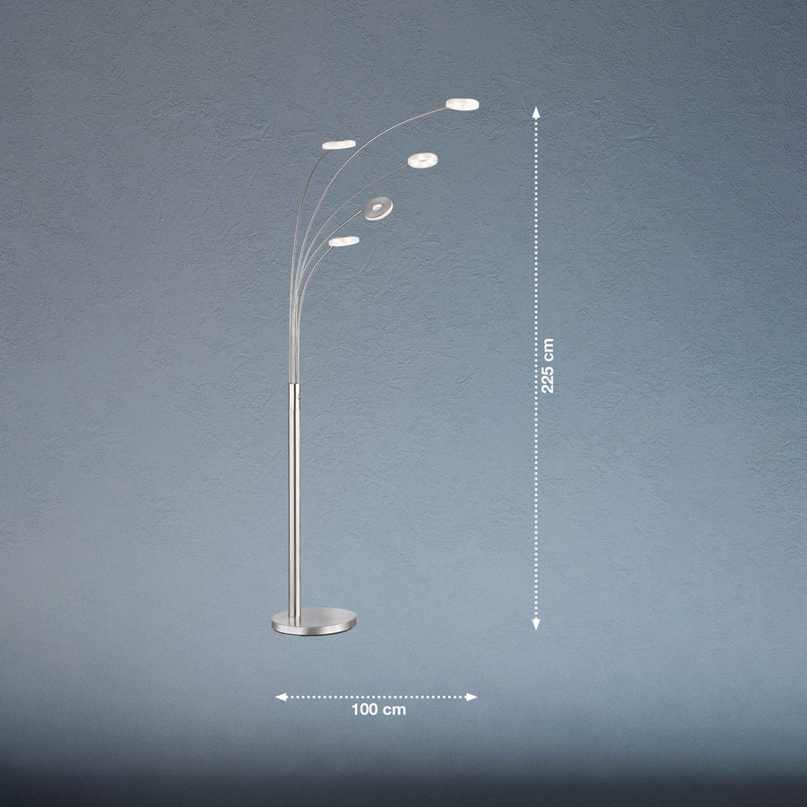 Lampadaire LED Dent en métal, nickel mat et chromé, 5 lumières, hauteur 225 cm