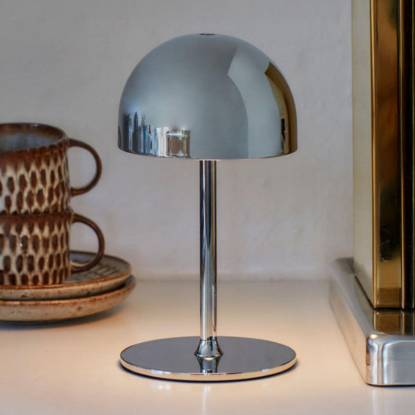 Lampe à poser d'extérieur LED rechargeable Tim en métal, chromé, Ø 11,5 cm, IP54, 2700 K, 2,5 W, hauteur 22 cm