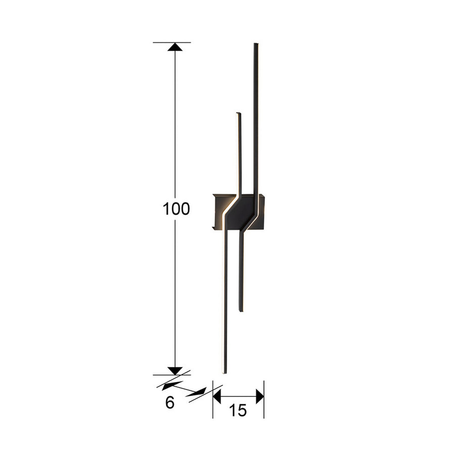 Schéma de dimensions de l'applique LED : hauteur 100 cm, largeur 15 cm, profondeur 6 cm.