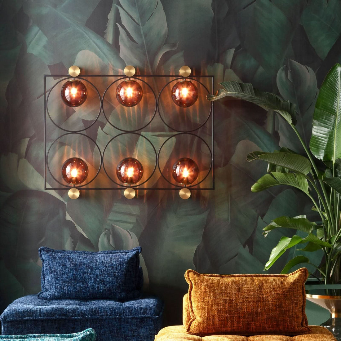 Applique murale Balance Circle en verre, marron et doré, 6 lumières, hauteur 95 cm
