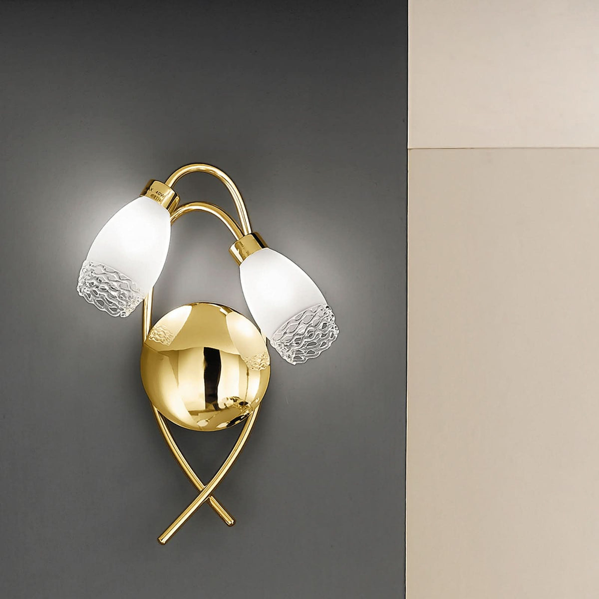 Applique murale Carla en verre, laiton brillant, 2 lumières, hauteur 35 cm