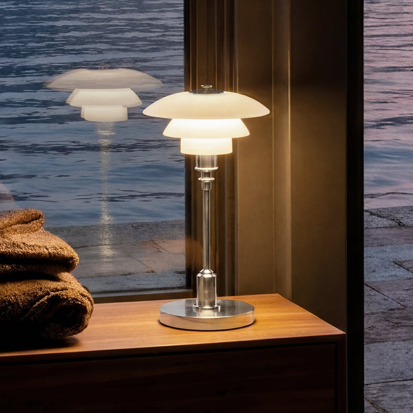 Lampe à poser d'extérieur LED rechargeable PH 1-1 Portable en verre, chromé et blanc satiné, Ø 16 cm, IP44